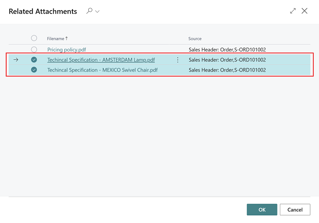 Shows related attachments coming from document lines.