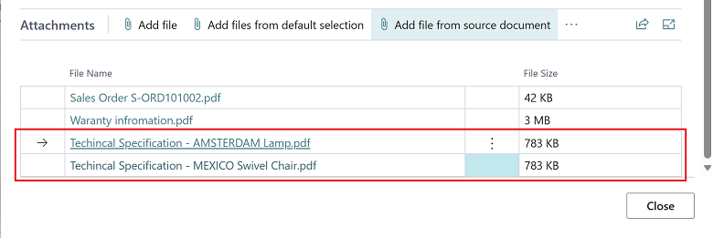 Review attachments added from document line with their file size.