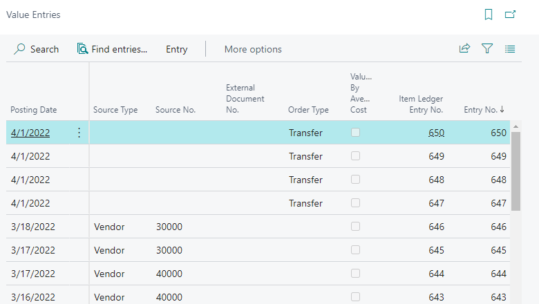 Screenshot of Sorted Value Entries