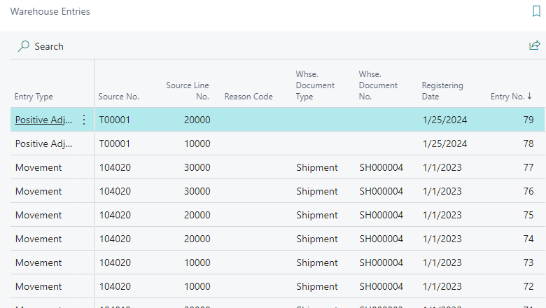 Screenshot of Sorted Warehouse Entries