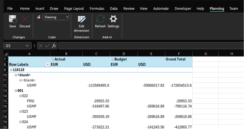 The Add-in ribbon for planning lets the user enter their planning numbers.