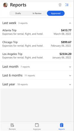 Screenshot of Expense mobile approved reports.