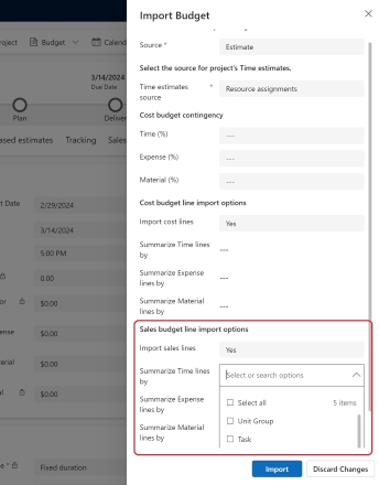 Screenshot of the Quick create form during import of budget giving options to summarize. 