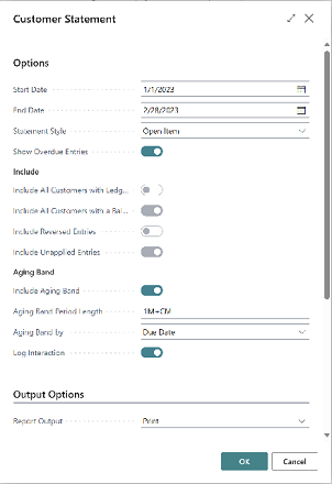 The new request page for the customer statement report, showing the new style option Open Items