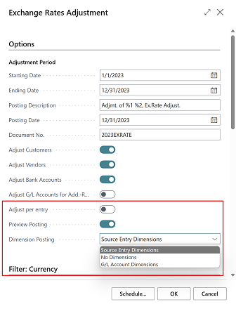 Shows new Exchange Rates Adjustment report request page.