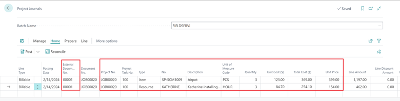 Shows Project Journal with data from used products and services from work order.