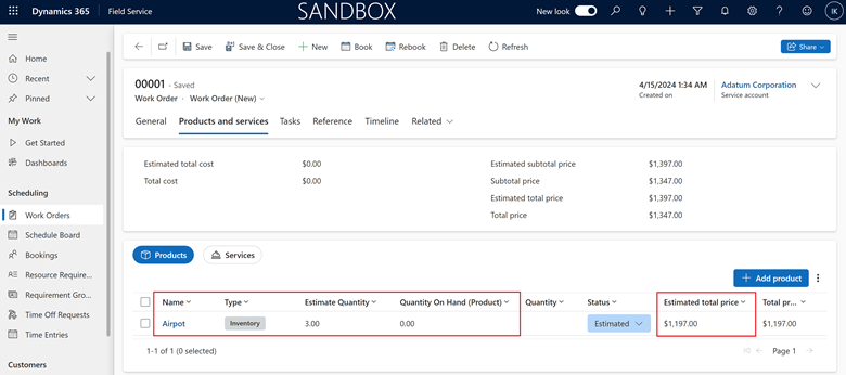 Shows Work Order Product with Quantity on Hand and Estimated Price highlighted