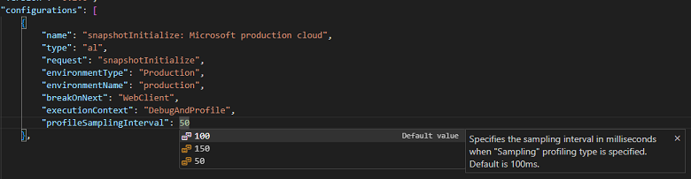 Select among 50, 100 and 150ms sampling internal in launch.json configuration for snapshots