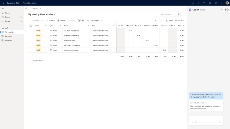 Screenshot of draft time entries created by Copilot based on a resource's assignments.