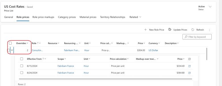 Screenshot of the price list snapshot with the additional Override column showing.