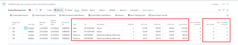 Shows Job Planning Lines page with Qty Posted and Qty to Transfer to Invoice highlighted