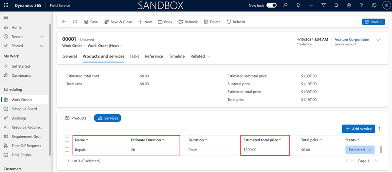 Shows Work Order Service line with highlighted estimate price