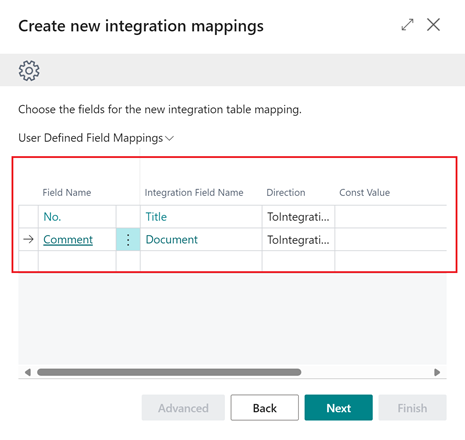 Shows step where new field mappings can be added for new table mapping