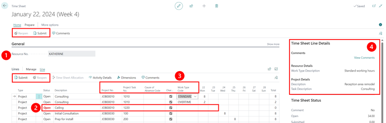 Shows four new elements in Time Sheet document.