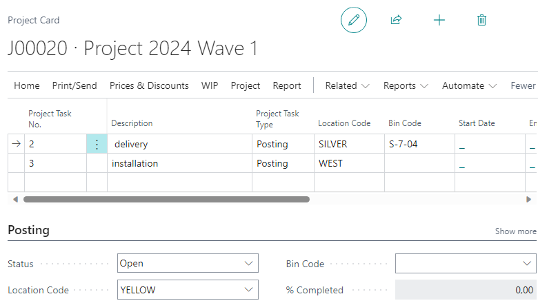 Location and Bin in Project