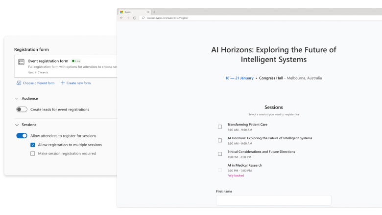 Image of UI with settings for multisession registration and the user experience