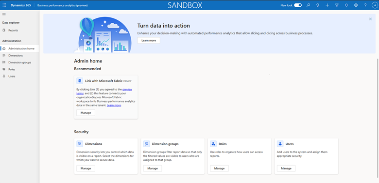 Administration page in the reporting hub