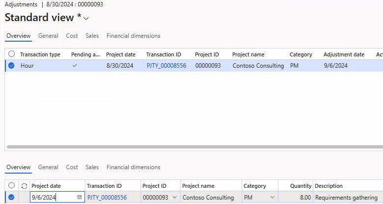 Screenshot showing the adjustment form with the project date field editable.