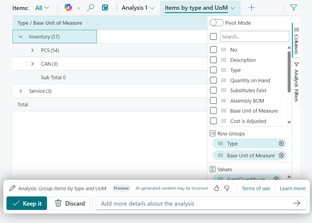 Analysis tabs generated by Copilot