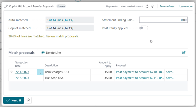 Copilot assists with suggesting appropriate ledger accounts to post residual transactions.