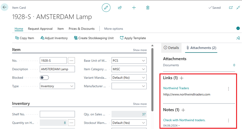 Screenshot of the item card in Business Central showing the record links and notes.