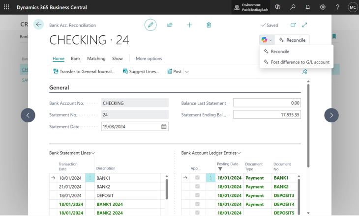 Example of Copilot prompt actions on the Bank Reconciliation card page in the base application