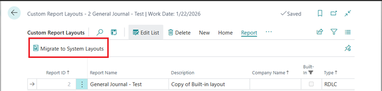 Shows the custom report layouts page with new action.