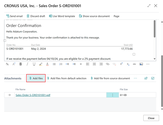 Shows updated Add files action on Email Editor page.