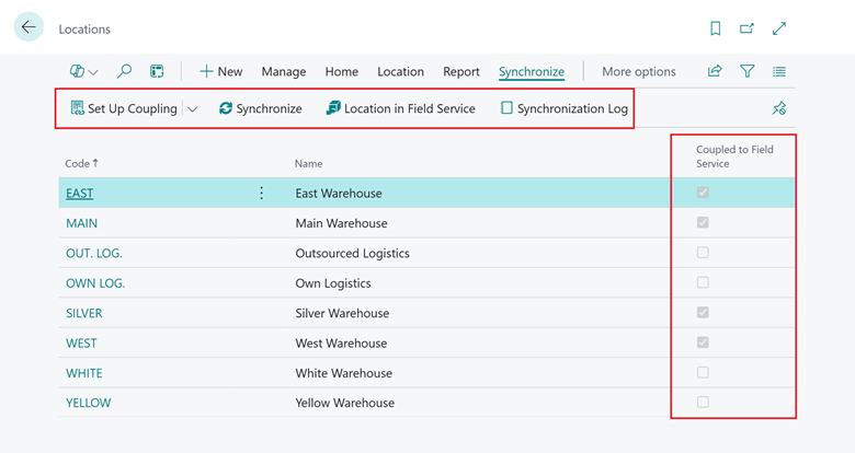 Shows locations list with Synchronize action group and Coupled to Field Service column