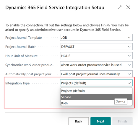 Shows Field Service Integration assisted setup guide with Integration Type field.