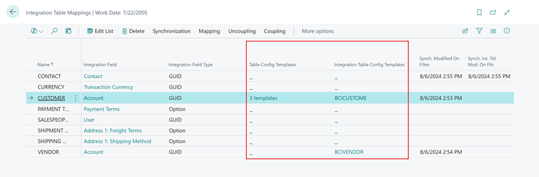 Shows Integration Table Mapping's templates columns.