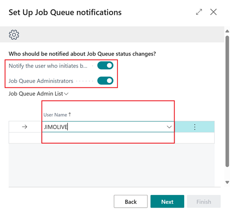 Shows step where users can define who to notify when job queues have an issue