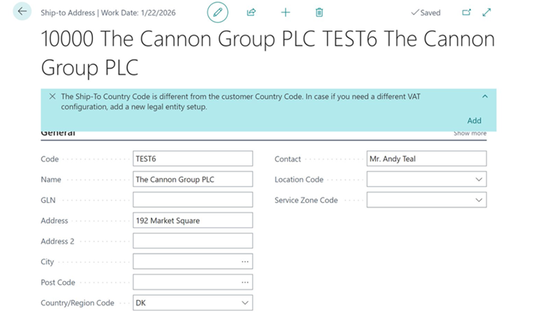 Changing the country code on the Ship-to-address card requires new VAT number