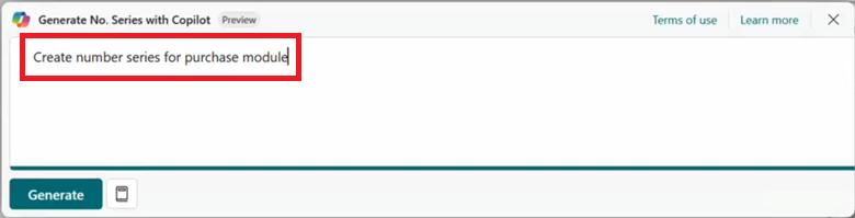 Shows Copilot prompt dialog with prompt requesting creation of No. Series for purchase module.