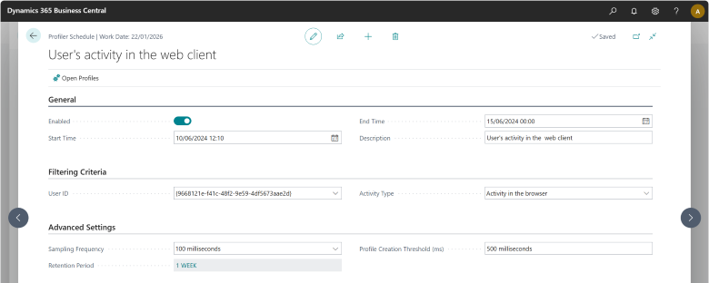 Setting up a profile schedule capturing profiles for a user's activity in the browser.