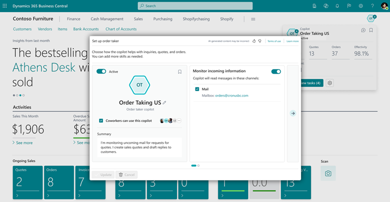 Activating the Sales Order Taker agent from the Business Central role center