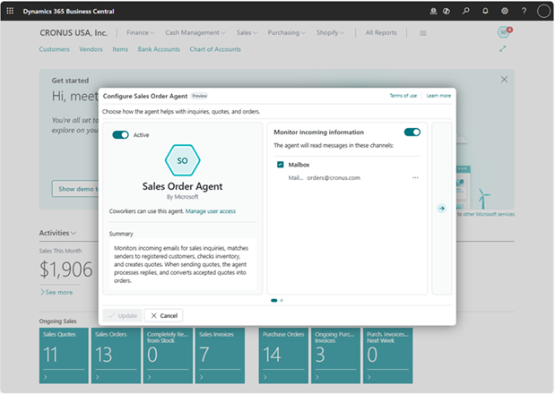 Shows the configuration page for setting up the Sales Order Agent