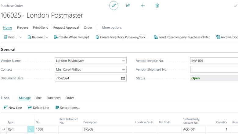 Adding Sustainability Account to the Purchase Order