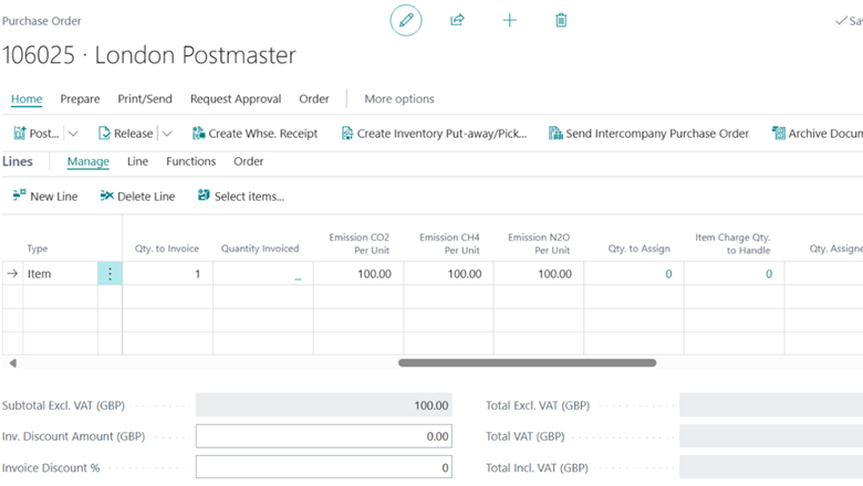 Entering emissions to the Purchase Order lines