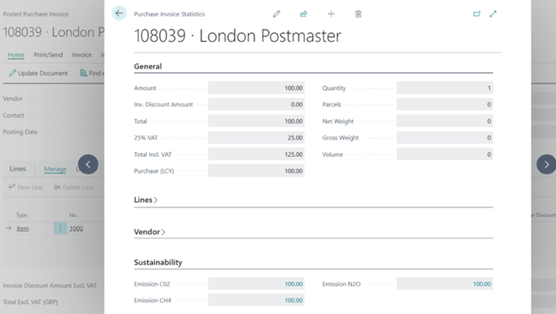 Sustainability statistic at the Posted Purchase Invoice