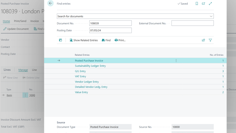 Sustainability entries in Find Entries from the Posted Purchase Invoice