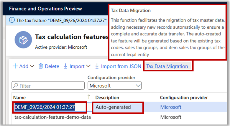 Screenshot of automated tax feature creation.