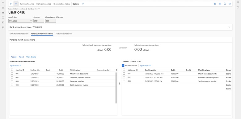 Preview automatic bank reconciliation matching results