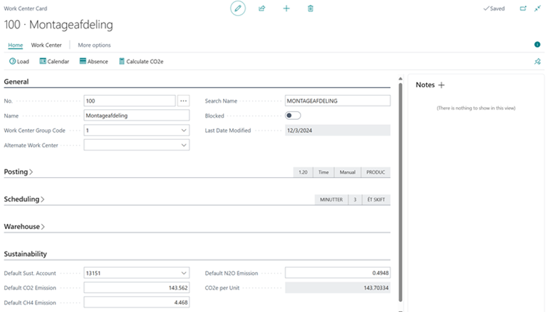 Default sustainability values on the Work Center card