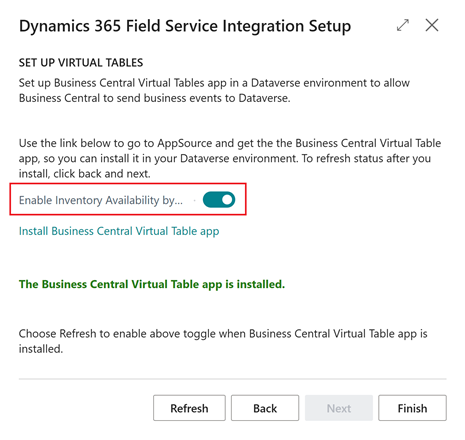 Shows Enable Inventory Availability by Location in Field Service assisted setup guide.