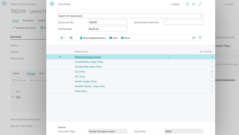 Sustainability Value Entries from Find Entries for the Purchase Invoice