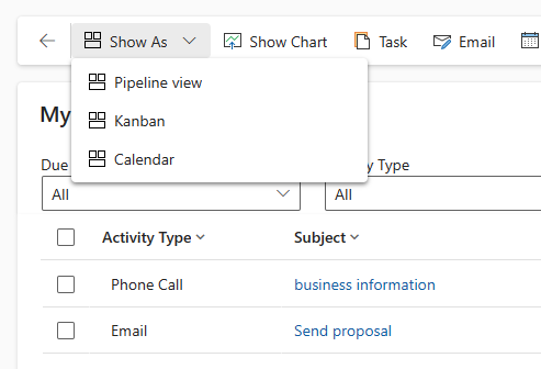 Screenshot of different views available in the activity grid.