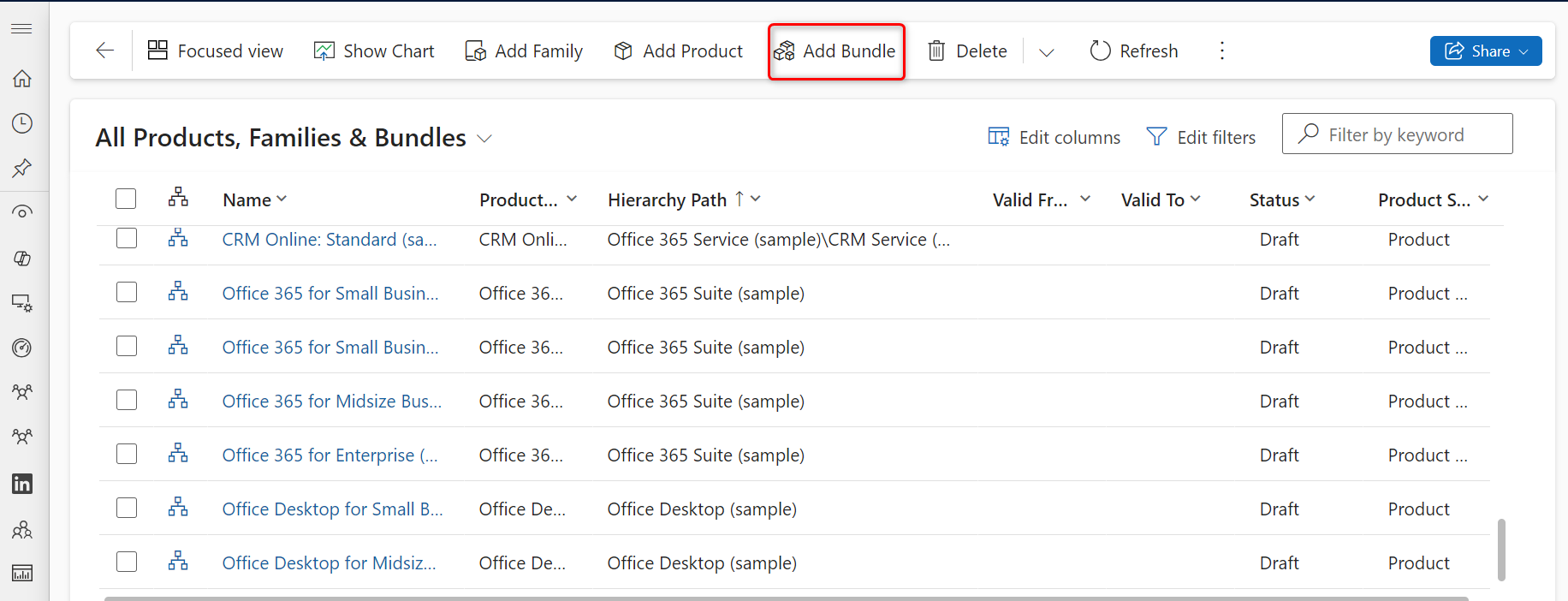 Screenshot of Add Bundle option in the product catalog.