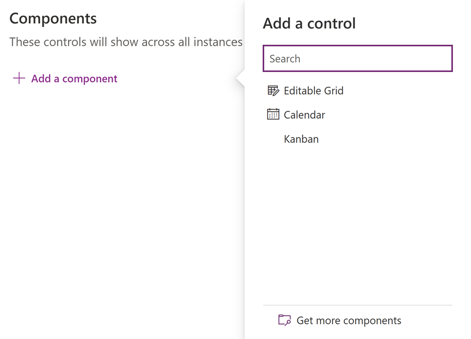 Screenshot of the Add Component dialog with the list of components.