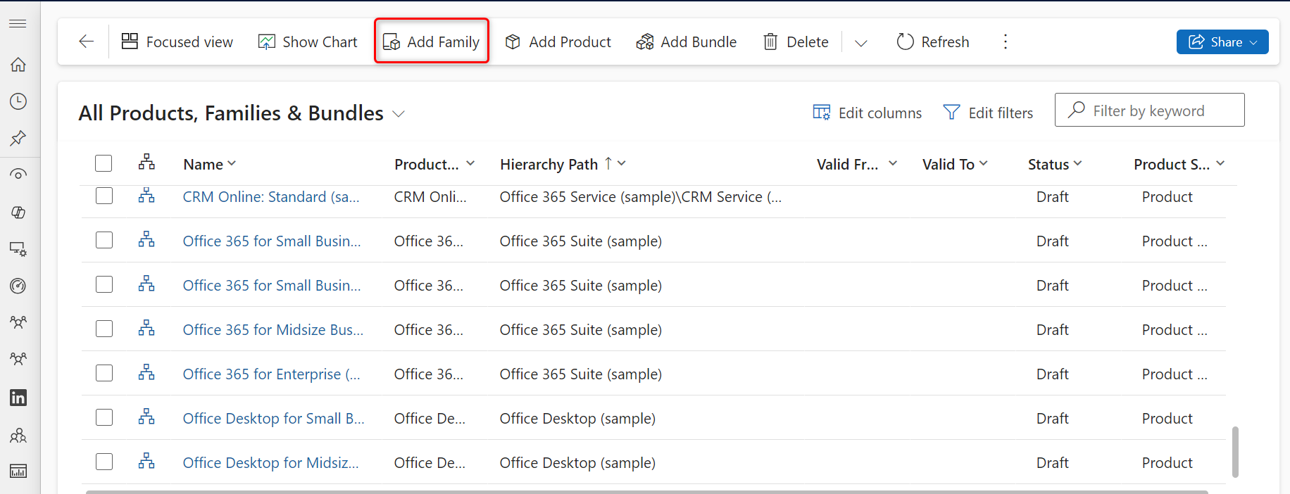 Screenshot of Add Family option in the product catalog.